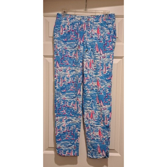 LILLY PULITZER Emora Knit Pant Small Sailboat Catamaran Blue Pink Print 008286 - Picture 1 of 14